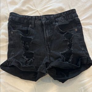 Aero Women's Black High Rise Midi Distressed Black Denim Shorts Size 4